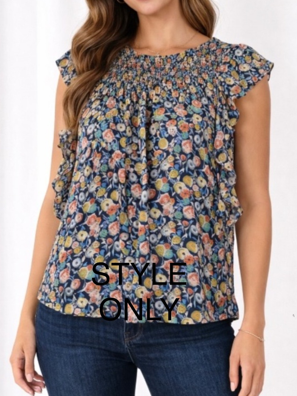 LOFT Multi-Color Patchwork Smocked Yoke Top